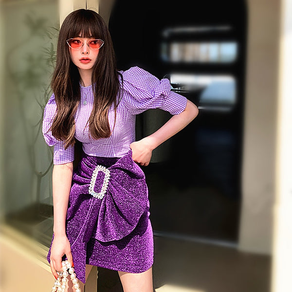 runway skirt suits women's Short Puff Sleeve Plaid blouse shirts tops + Big Bows Buckles Shinny skirt suits set NS425