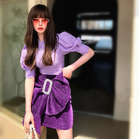 runway skirt suits women's Short Puff Sleeve Plaid blouse shirts tops + Big Bows Buckles Shinny skirt suits set NS425