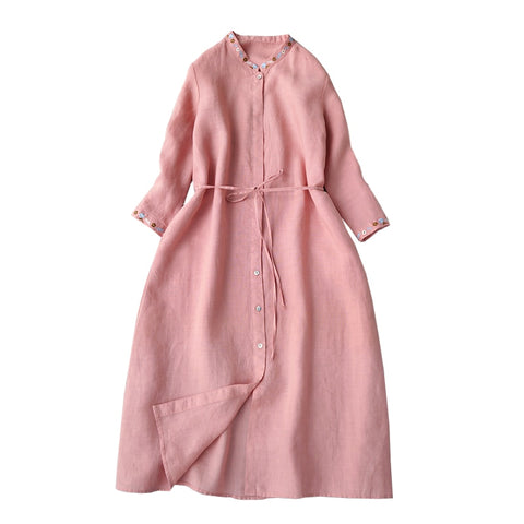 spring commuter women's dress with vertical collar and open button seven point sleeve dress 0407