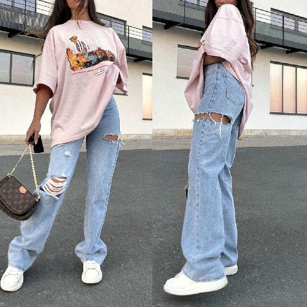 summer hole washing straight pants jeans  woman jeans