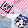 summer skirts twinsets women pink strip sequins tees top Blouses+ bear cartoon appliques ripped denim skirts suit NS638