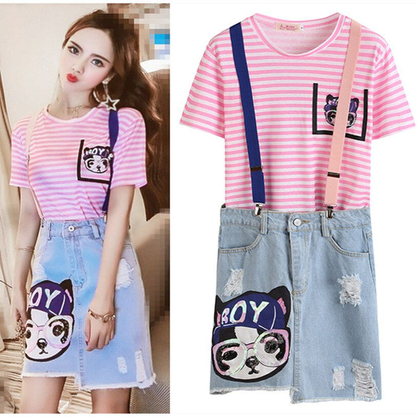 summer skirts twinsets women pink strip sequins tees top Blouses+ bear cartoon appliques ripped denim skirts suit NS638