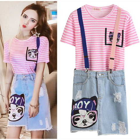 summer skirts twinsets women pink strip sequins tees top Blouses+ bear cartoon appliques ripped denim skirts suit NS638