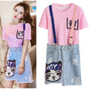 summer skirts twinsets women pink strip sequins tees top Blouses+ bear cartoon appliques ripped denim skirts suit NS638