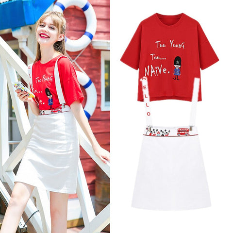 summer skirts twinsets women red cartoon embroidery loose tees top And overall black cute preppy Ladies skirts suit NS973