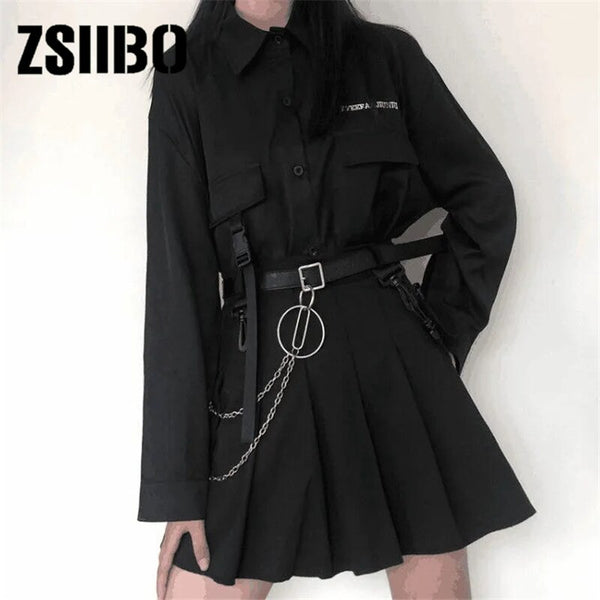 women's loose long-sleeved shirt + pleated skirt tooling two-piece suit women's trendy women's suit women's jacket