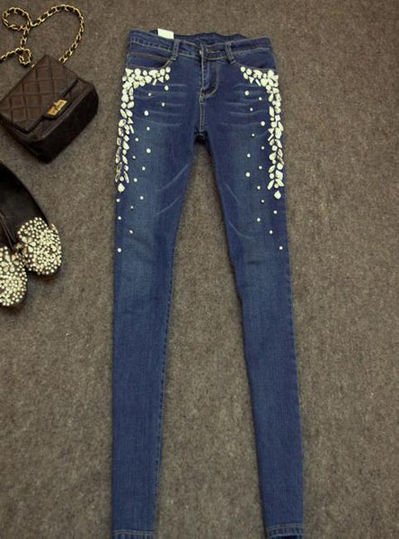 New women skinny jeans denim pants diamonds rhinestones jeans stretch long jeans