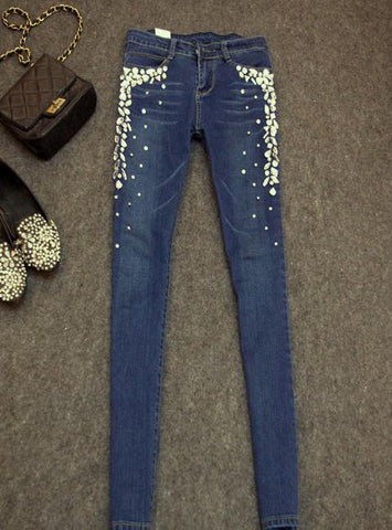 New women skinny jeans denim pants diamonds rhinestones jeans stretch long jeans