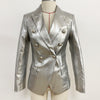 Fall Winter 2023 Designer Blazer Jacket Women's Lion Metal Buttons Double Breasted Synthetic Leather Blazer Overcoat