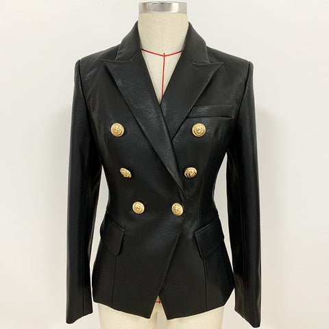 Fall Winter 2023 Designer Blazer Jacket Women's Lion Metal Buttons Double Breasted Synthetic Leather Blazer Overcoat