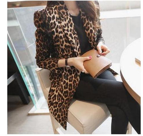 Spring  Women Blazer Slim Full Leopard Print Suit Jacket Female One Button Outerwear Plus Size Blazers S-3Xl J863