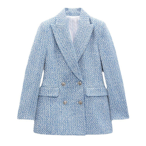 Women Plus Size  Tweed Blazer Sky Blue Color Elegant Textured Double Breasted Blazers for Women 2023 Clothes