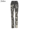 Nibber Lrregular Holes Printed Jeans Ladies Casual Daily Straight-leg Pants Elastic Mid-waist High Street Cool Jeans