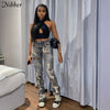 Nibber Lrregular Holes Printed Jeans Ladies Casual Daily Straight-leg Pants Elastic Mid-waist High Street Cool Jeans