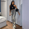 Nibber Lrregular Holes Printed Jeans Ladies Casual Daily Straight-leg Pants Elastic Mid-waist High Street Cool Jeans