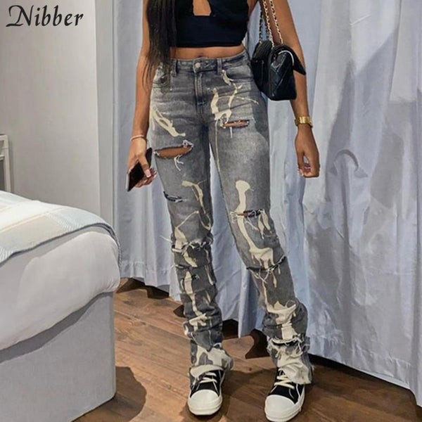 Nibber Lrregular Holes Printed Jeans Ladies Casual Daily Straight-leg Pants Elastic Mid-waist High Street Cool Jeans