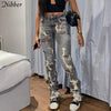 Nibber Lrregular Holes Printed Jeans Ladies Casual Daily Straight-leg Pants Elastic Mid-waist High Street Cool Jeans