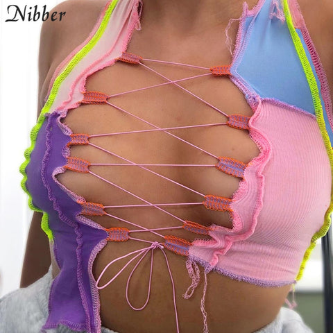 Nibber sexy hollow out camisole women Punk style Ribbed knitting crop tops club party wear Colorful tank top bandage vest female