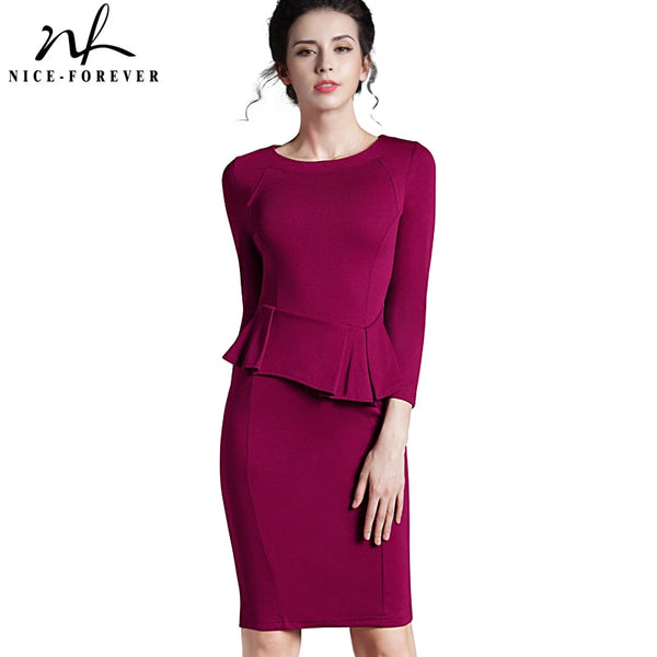 Nice-Forever Spring Elegant Pure Color Peplum Office Work Dresses Business Formal Sheath Women Dress G635