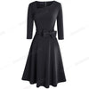 Nice-forever Autumn Women Classic Solid Color Swing Dresses Cocktail Party Retro Flare Dress btyA230