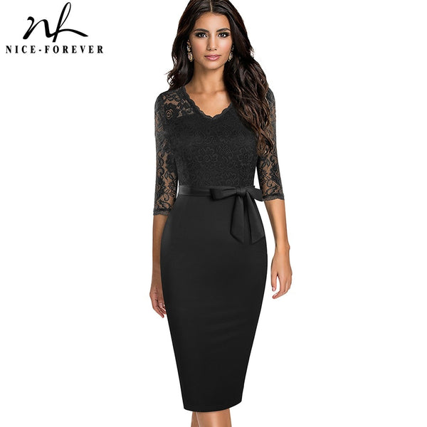 Nice-forever Spring Women Vinatge Lace Patchwork Elegant Dresses Business Formal Party Sheath Slim Fitted Dress btyB596