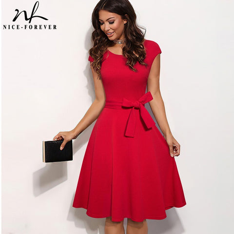 Nice-forever Summer Women Vintage Pure Color Dresses Cocktail Wedding Party Elegant Flare Dress A266
