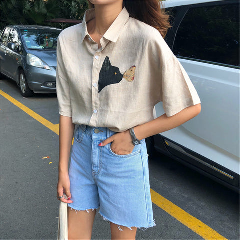 2022 Summer Loose Plus Size Blouses Womens Tops Kawaii Cartoon Cat Blusa Shirt Female Short Sleeve Blouse Vetement Femme