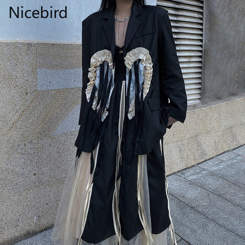 Nicebird High Street Skirt Suits Women Love Heart Bandage Splice Blazer Loose Heavy Bow Tie Midi Skirt Sets Two-piece Streetwear