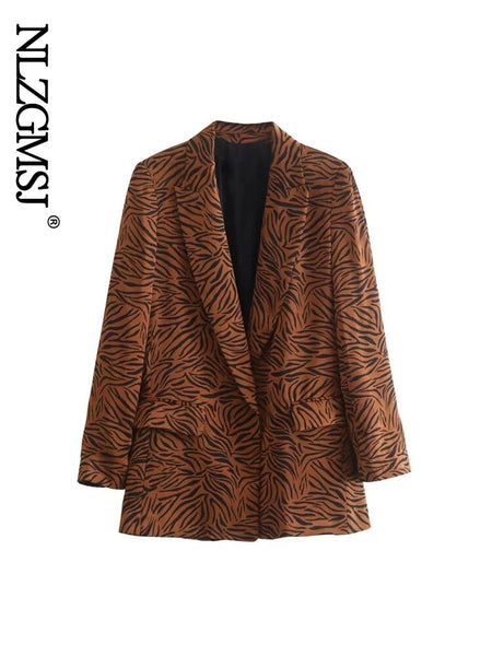 Nlzgmsj Women 2023 Coffee Zebra Pattern Woolen Coat Wool Jacket Casual Warm Autumn Winter Female Outerwear
