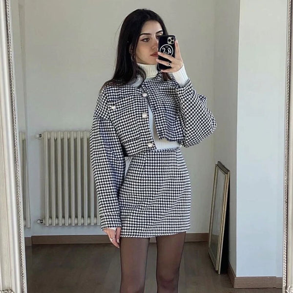 Nlzgmsj Za 2023 Autumn Winter Women Skirt Suit Short Blazer O Neck Long Sleeve Houndstooth Blazer + Mini Skirt Sets 202307
