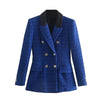 Nlzgmsj Za 2022 Women Jacket Double Breasted Tweed Check Blazer Coat Vintage Long Sleeve Pockets Female Outerwear Chic 202212