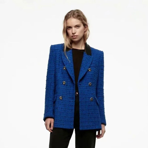Nlzgmsj Za 2022 Women Jacket Double Breasted Tweed Check Blazer Coat Vintage Long Sleeve Pockets Female Outerwear Chic 202212