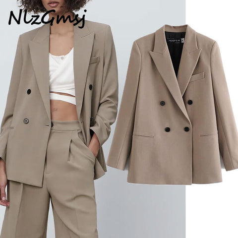Nlzgmsj Za Blazer Women 2022 Khaki Blazer Woman Office Casual Spring Jacket Women Pocket Long Sleeve Female Coat 202203