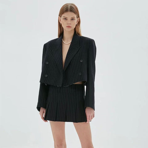 Nlzgmsj Za Matching Set Striped Blazer + Skirts Women England Style Navel Exposed Short Autumn Blazer Femme Two Piece Set 202207