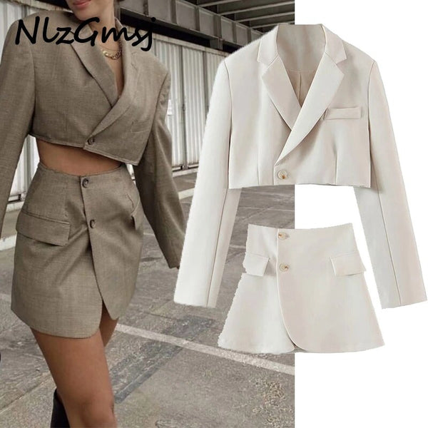 Nlzgmsj Za Sexy One Button Short Women Blazer Cropped High Waist Irregular Cross Slit Mini Skirt Long Sleeve Suits 2 Pieces Set