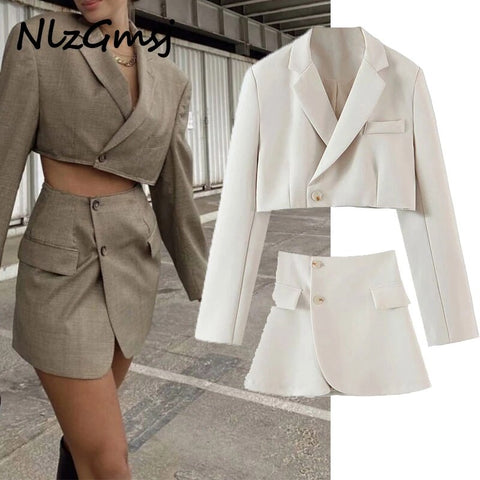 Nlzgmsj Za Sexy One Button Short Women Blazer Cropped High Waist Irregular Cross Slit Mini Skirt Long Sleeve Suits 2 Pieces Set