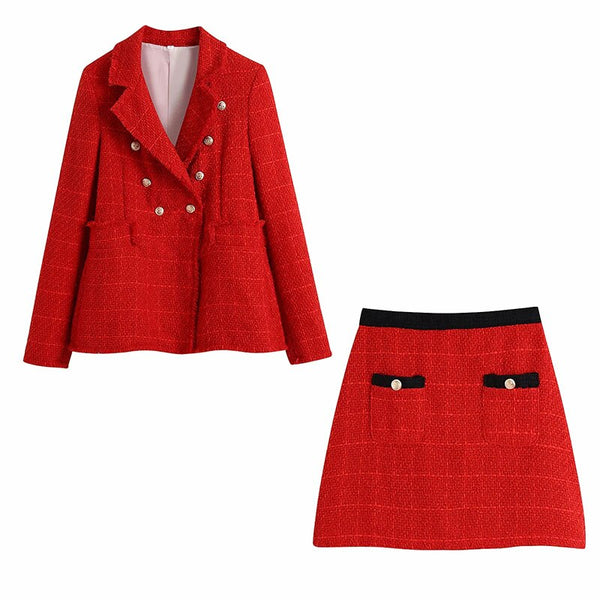 Nlzgmsj Za Woman Suit Set 2022 Autumn Female Double Breasted Blazer Coat High Waist Mini Skirt Office Vintage Pocket Top 202208