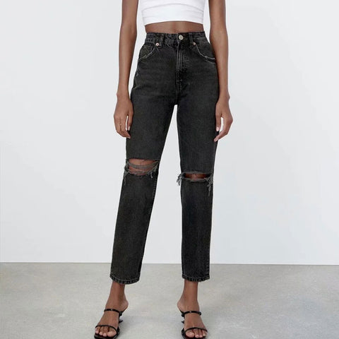 Nlzgmsj Za Women 2022 Women Jeans with High Wasit Pocket Ripped Blue Straight Pant Autumn Casual Denim Long Pants 202208