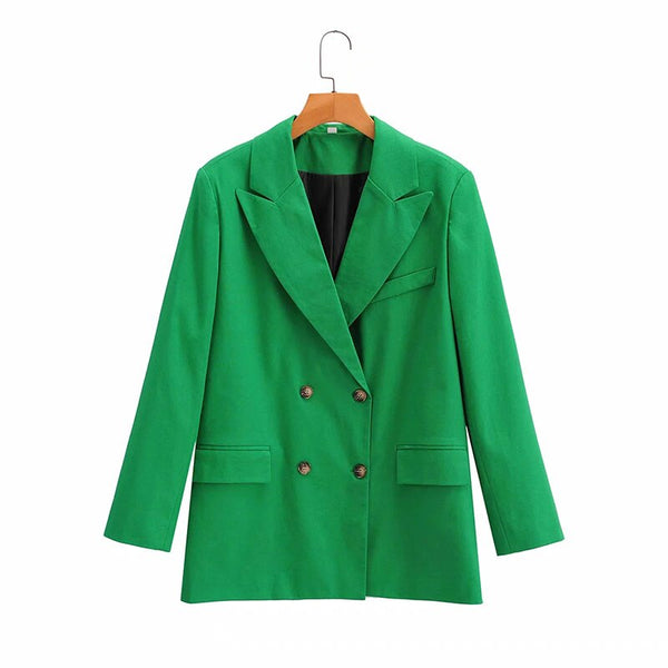 Nlzgmsj Za Women 2022 Solid Autumn  Green Blazer Coat Vintage Notched Collar Pocket Female Casual Chic Tops 202207