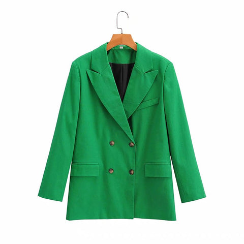 Nlzgmsj Za Women 2022 Solid Autumn  Green Blazer Coat Vintage Notched Collar Pocket Female Casual Chic Tops 202207