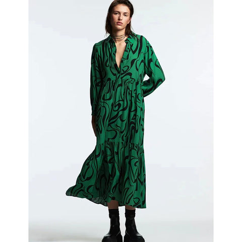 Nlzgmsj Za Women 2022 Vintage Floral Print Pleats Shirt Dress Female Single Breasted Vestido Chic A Line Midi Dress 202210