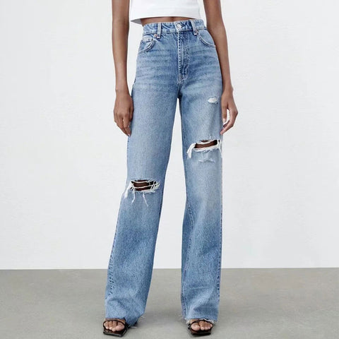 Nlzgmsj Za Women Chic Ripped Hole Wide Leg Jeans Vintage High Waist Zipper Fly Denim Pants Female Trousers Mujer 202208