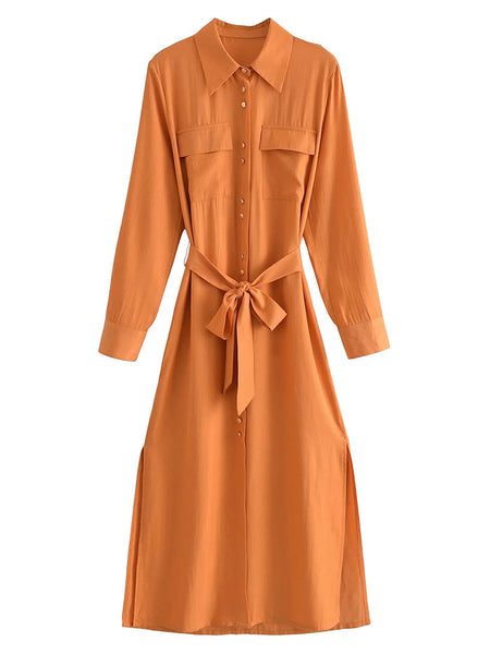 Nlzgmsj Za Women Elegant A Line Shirt Dress With Sashes Office Wear Turn Down Collar Sashes Dress Long Sleeve Casual Midi Dress