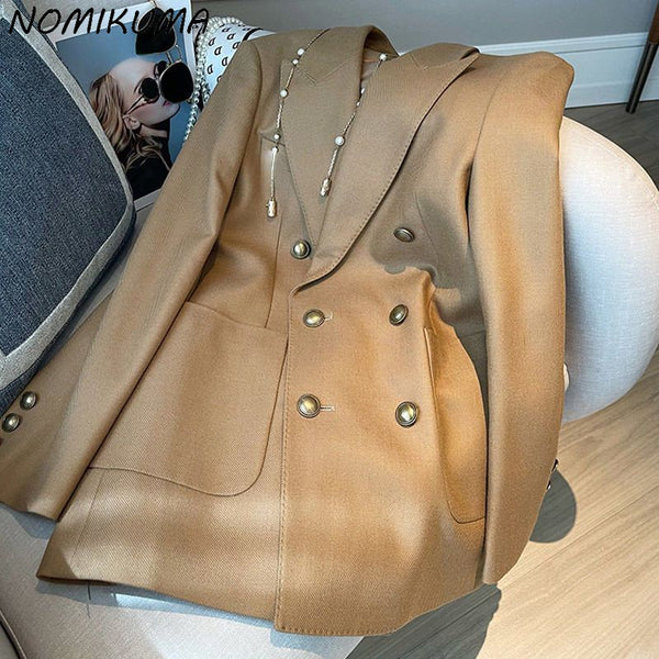 Nomikuma 2023 Women Autumn Elegant Blazer Coat Korean Double Breasted Notched Collar Suit Jacket Medium-long Blazers