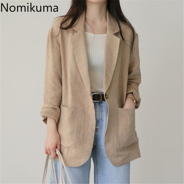 Nomikuma Cotton Linen Blazer Women 2023  Ropa Mujer Solid Color Single Button Long Sleeve Jackets Casual All-match