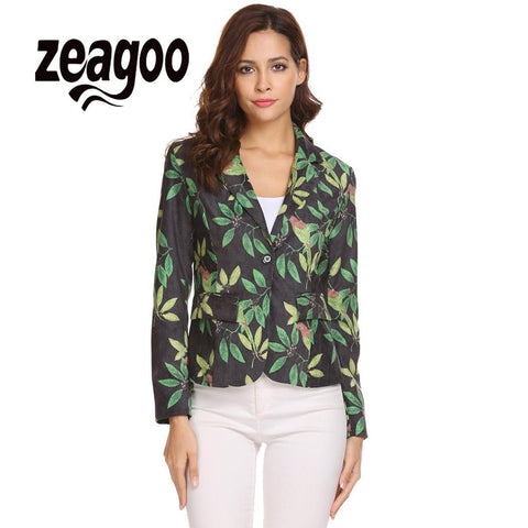 None Single Lapel Long Sleeve Plant Print Women Button Casual Corduroy Blazer