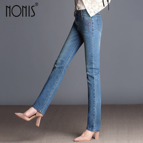 Nonis Autumn Winter Jeans Femme Slim Straight High Waist Cotton Plus Size Denim Jeans Women full length Pants Boyfriend Jeans