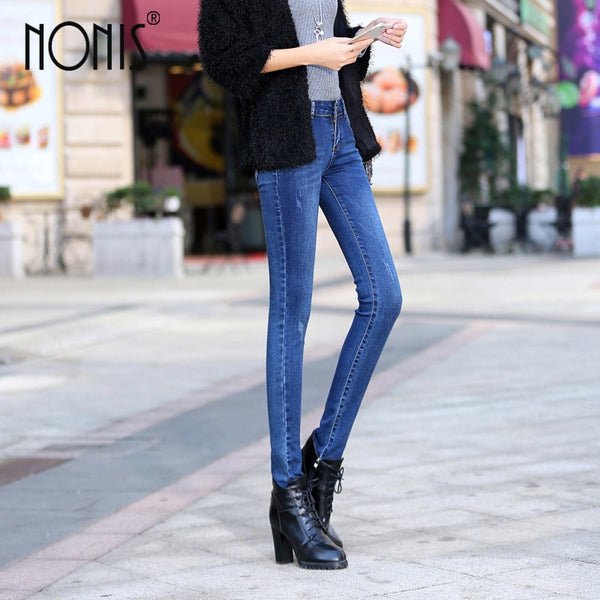 Nonis Women thick velvet jeans female skinny stretch trousers pencil pants ladies winter warm denim sexy female mid waist jeans