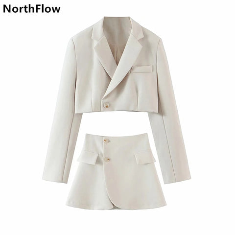 Northflow Matching Set Blazer And Skirts Women England style Navel Exposed Short Empire Blazer Feminino Femme Two Piece Set
