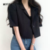 Notched Single Button Suit Summer Retro Casual Short Sleeve Blazers Crop Jacket Thin Korean Chic Blouse Shirts 2023 New